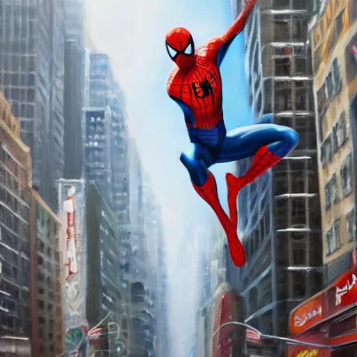 Prompt: oil painting of spiderman swinging through new york city buildings. far away, from behind, epic, sense of motion, motion blur, artstation, artgerm