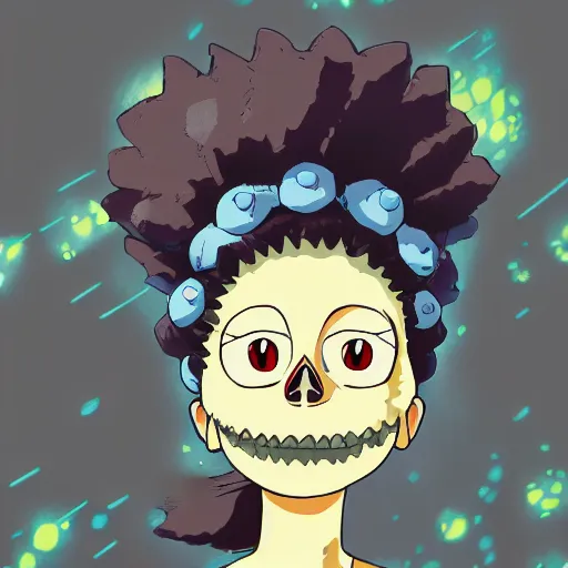 Image similar to manga fine details portrait of joyful skull girl, floeers in hair, marge simpson, skeleton. anime masterpiece by studio ghibli. 8 k render, sharp high quality anime illustration in style of ghibli, artstation