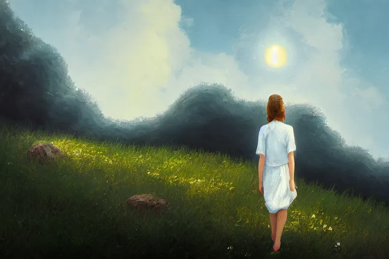 Image similar to giant white daisy flower head, girl walking on cliff, surreal photography, solar eclipse, milky way, dramatic light, impressionist painting, clouds, digital painting, artstation, simon stalenhag