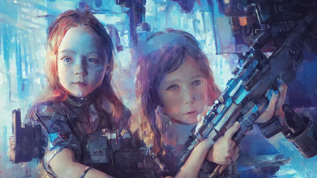 Prompt: portrait of the little girl with very blue eyes is melted under machinegun fire because someone must melt, digital art, illustration, highly detailed, art by finnian macmanus