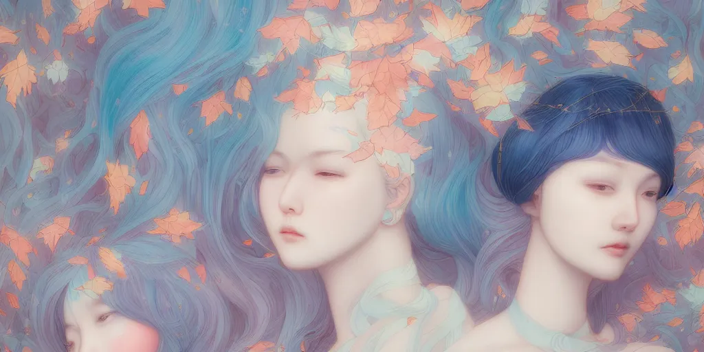 Image similar to breathtaking detailed concept art painting pattern with pastel colors of blue hair faces goddesses amalgamation autumn leaves, by hsiao - ron cheng and james jean, bizarre compositions, exquisite detail, 8 k