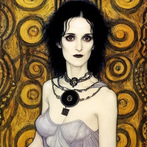 Prompt: death, a beautiful pale goth girl wearing a black vest and black punk hair, an ankh medallion hangs around her neck. the actress winona ryder, portrait by joshua middleton and gustav klimt, vertigo comic