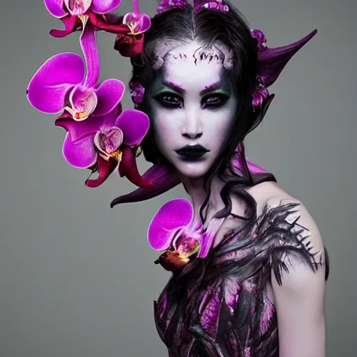 Image similar to a demon inspired by orchids created by the make up artist hungry, photographed by andrew thomas huang, cinematic, expensive visual effects