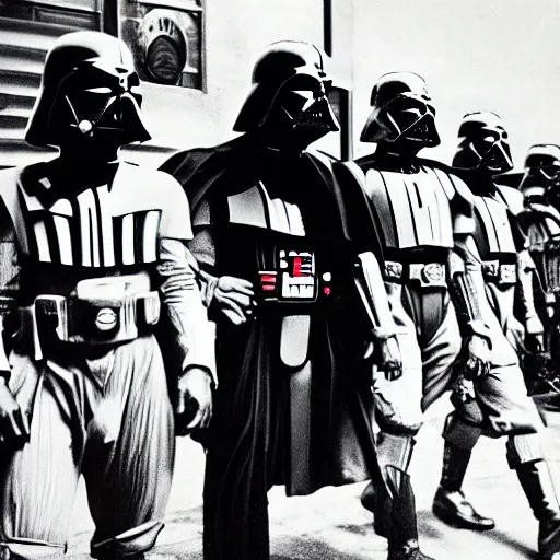 Image similar to Darth Vader with American Soldiers during WWII, black and white photo