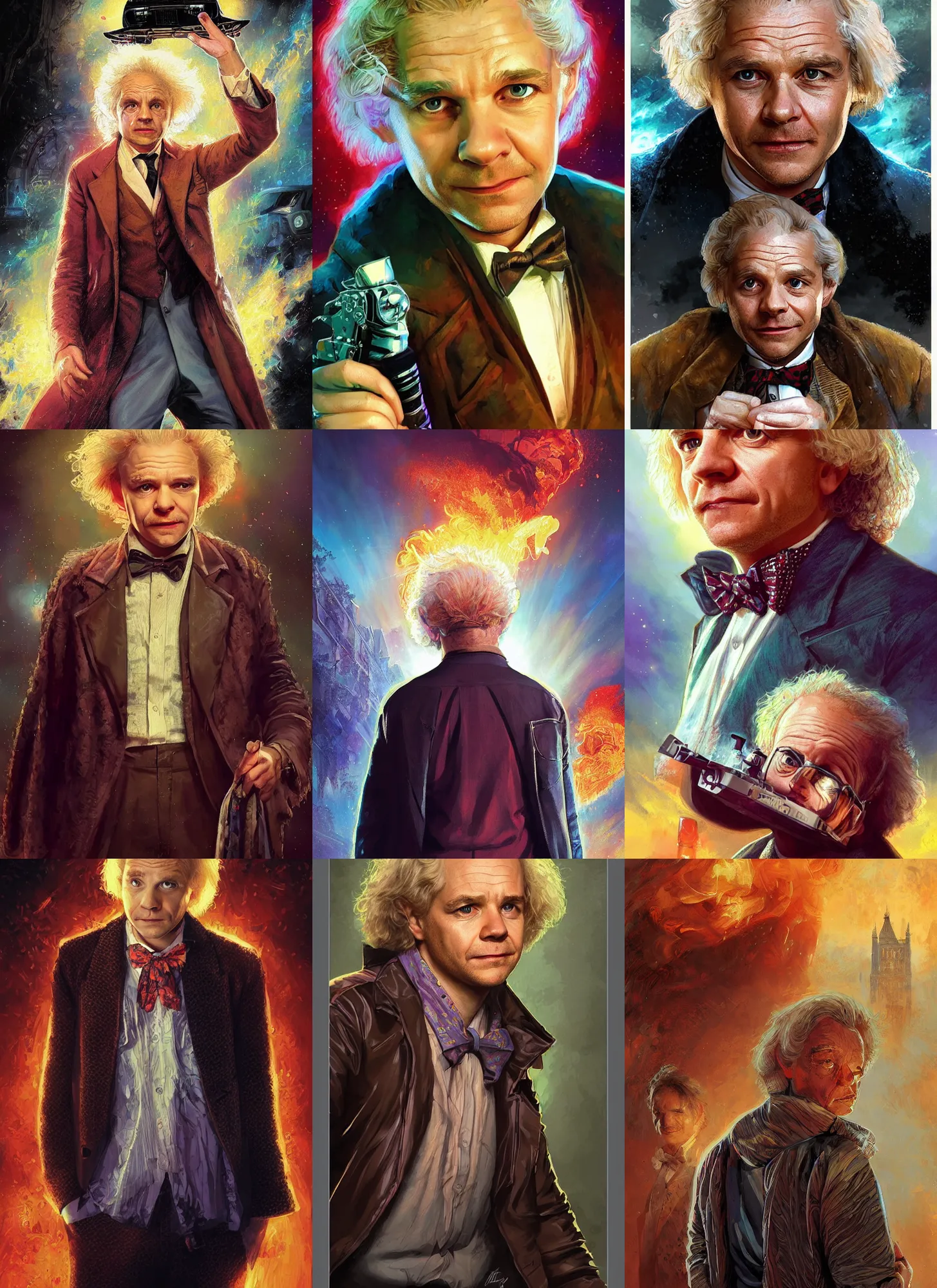 Prompt: formal portrait of martin freeman as doc brown from back to the future. digital art by eugene de blaas, ross tran, and nasreddine dinet, vibrant color scheme, intricately detailed, in the style of romanticism, cinematic. delorean background. artstation, greg rutkowski