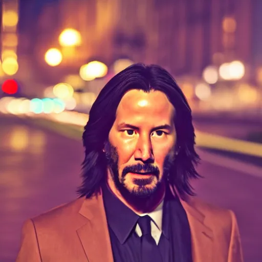 Prompt: a still of Keanu Reeves. Shallow depth of field. City at night in background, lights, colours ,studio lighting, mood, 4K. Profession photography