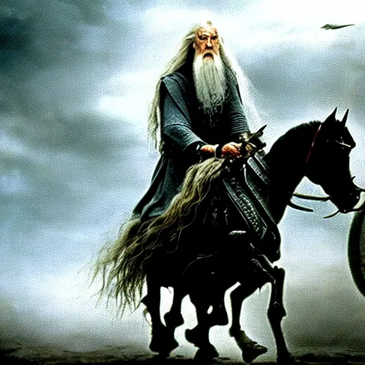 Image similar to gandalf riding in a cart being pulled by a horse, style of h. r. giger, cinematic, movie still, cgi, directed by ridley scott