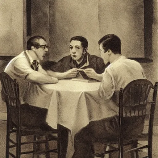 Prompt: Three students talking at a table artwork by Andrew Loomis