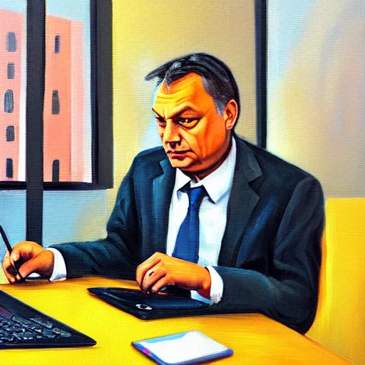 Image similar to viktor orban refactoring code on a laptop in a cubicle, oil painting