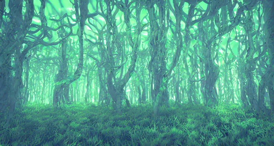 Image similar to 3d Render of neon deep sea forest, grainy, noisy