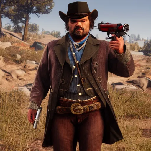 Image similar to jack black in red dead redemption 2, character render, full body shot, highly detailed, in game render