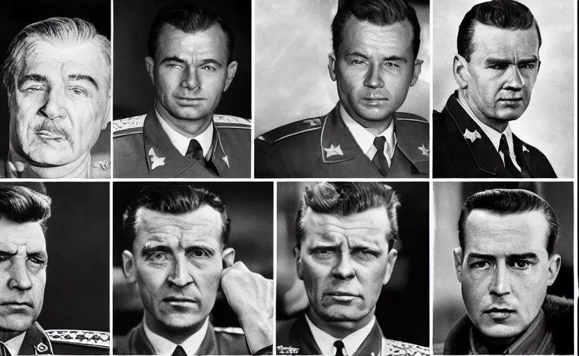 Image similar to 50s movie still of very diverse soviet generals with very detailed faces, by Alexei Guerman , Cinestill 800t 35mm black and white, heavy grainy picture, very detailed, high quality, 4k, HD criterion, precise texture