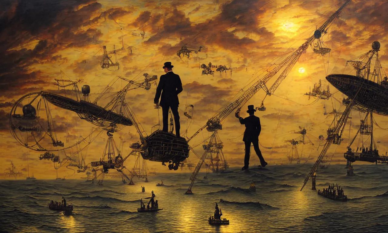 Image similar to close up of a gentleman navigator standing on deck of his steampunk zeppelin flying over a vast ocean of a very large language model, observing giant flying robot harvesters collecting data relations in the background, painted by josh kirby, ligne claire, very detailed and colorful, low light, sundown