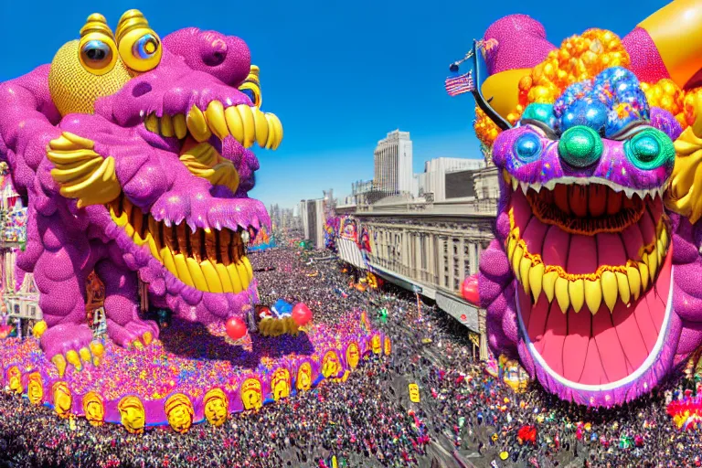 Image similar to photo of giant beautiful elaborate parade float monster designed by lisa frank and geof darrow, in the macys parade, detailed 4 k photo, gigapixel, hyperdetailed