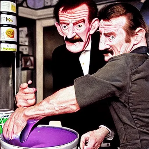 Image similar to promotional art for the movie'unless you hate bullruns ', barry chuckle preparing a batch of purple oil drink, hyperreal detailed facial features and uv lighting, art by ed roth and basil wolverton