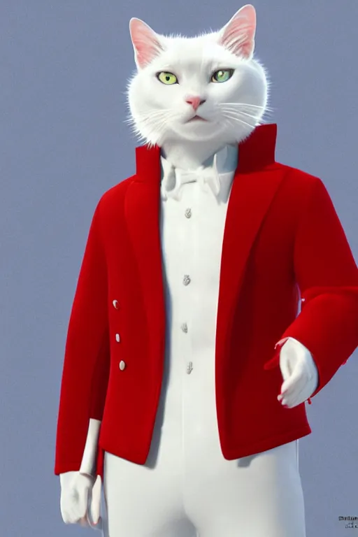 Image similar to a white cat with blue eyes wearing a red formal overcoat, hyperrealistic, concept art, octane render, unreal engine 5, realistic and defined face, profile picture, digital art, pixar and disney style, symmetrical, high quality, highly detailed, high coherence, path traced, house background, low contrast, beautiful, elegant clothes