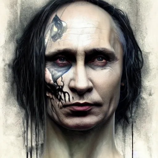 Image similar to portrait of vladimir putin as death from sandman, gentle smile, by cedric peyravernay, alphonse mucha, by jeremy mann, by lecouffe deharme, goth chic, soft lightning, eyeliner, punk rock, high detailed, 8 k