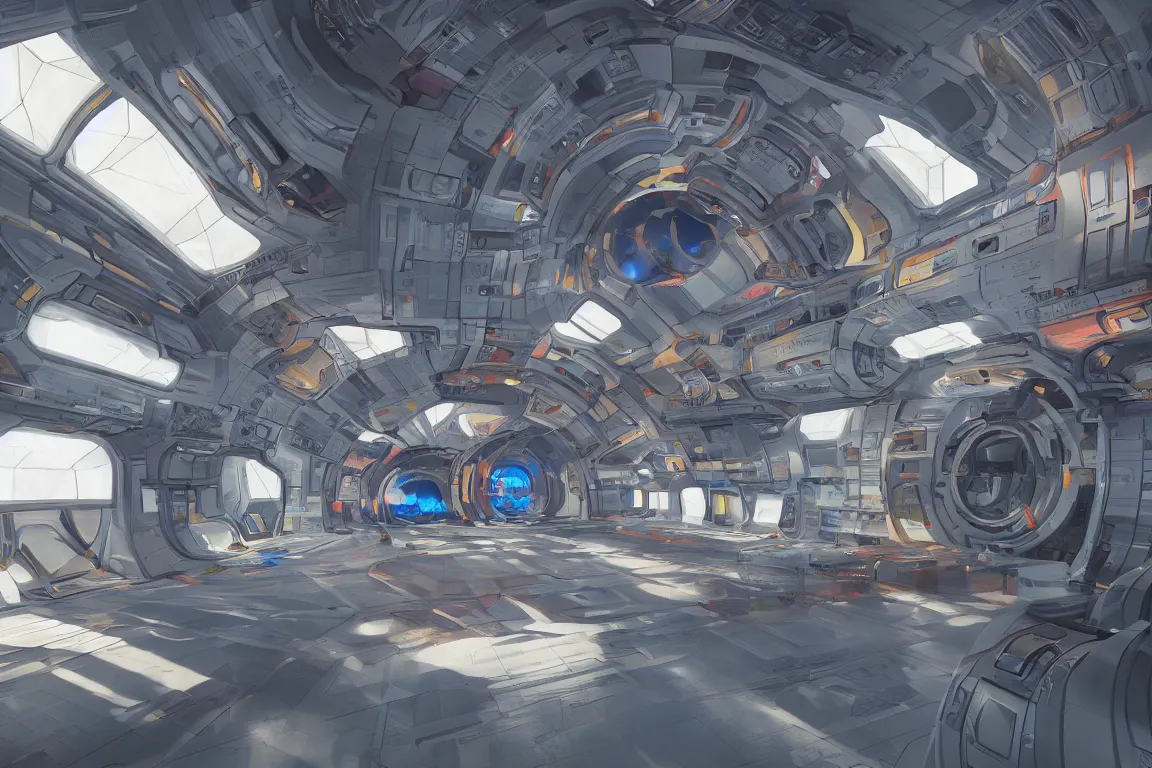 Image similar to interior design of a space station, octan render, hyperrealism, colorful, light rays, highly detailed, excellent composition, cinematic concept art, dramatic lighting, trending on artstation