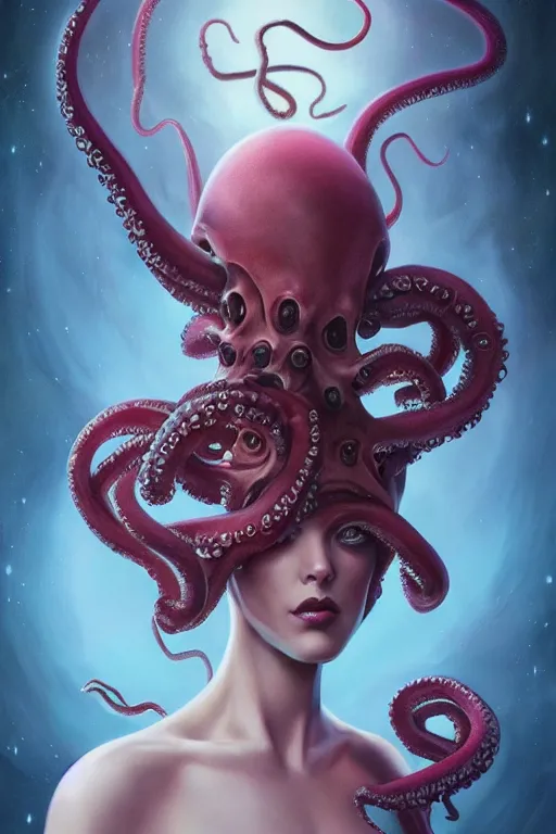 Image similar to portrait of an elegant alien octopus woman queen, straight on portrait, by artgerm, tom bagshaw, gerald brom, vaporwave colors, lo - fi colors, vaporwave, lo - fi, moody vibe, goth vibe, 4 k, hd,