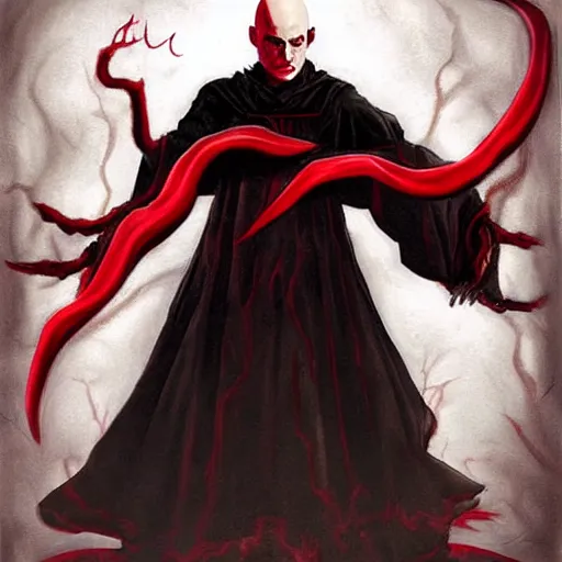 Prompt: d & d painting portrait necromancer man with bald head, red eyes, pallid skin, long flowing black and red robes. in style of larry elmore