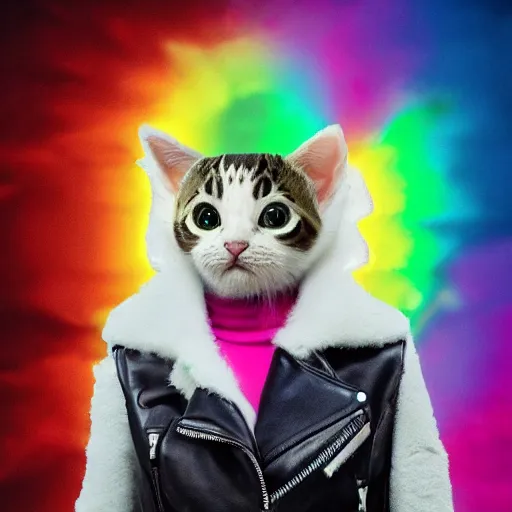 Image similar to wide angle full body, jacket wearing fluffy cute rainbow kitten wearing a black leather motorcycle jacket, cinematic concept art