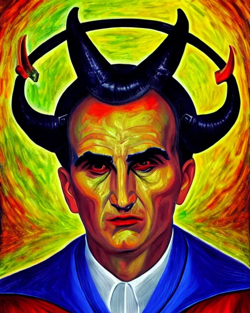 Image similar to expressionist painting of demonic aloysius stepinac with demonic eyes and horns, vivid colors, high production value, intricate details, high resolution, hyperrealistic, hdr, high definition, masterpiece, ultra realistic, highly detailed, hd, sharp focus, non blurry, sharp, smooth