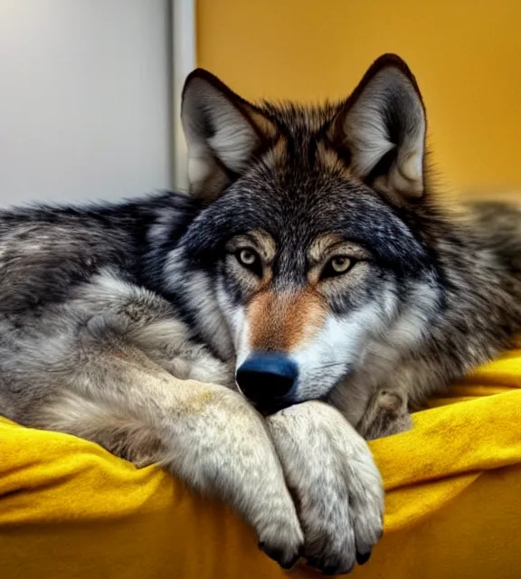 Prompt: a 4 k photorealistic photo of a wolf sitting on a bed in a yellow room