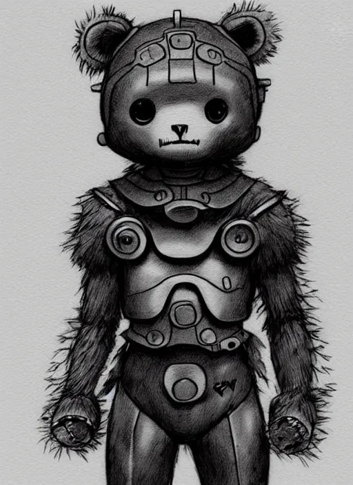 Image similar to beautiful little boy wearing an cyborg bear suit, artwork in kentaro miura and made in abyss and rosdraws, smooth, beautiful lightness, anatomically correct, trending on pixiv, forest