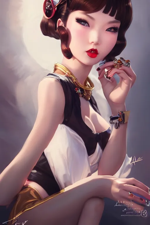 Image similar to a pin up and beautiful fashion charming dreamlke japan girl with lv jewelry, character art, art by artgerm lau and wlop and and ilya kuvshinov and john singer sargent, hyperdetailed, 8 k realistic, symmetrical, frostbite 3 engine, cryengine, dof, trending on artstation, digital art