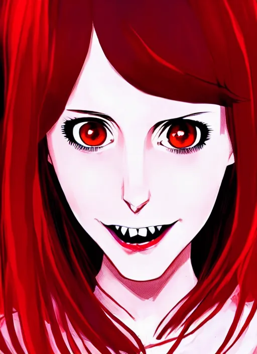 Image similar to beautiful anime vampire girl Alison Brie sharp teeth, red glowing hair, smiling, symmetrical face symmetrical eyes, blurry background, Jamie McKelvie comic art, Alexandra Fomina artstation, face by Ilya Kushinov style, style by Loish, Norman Rockwell, painterly style, flat illustration