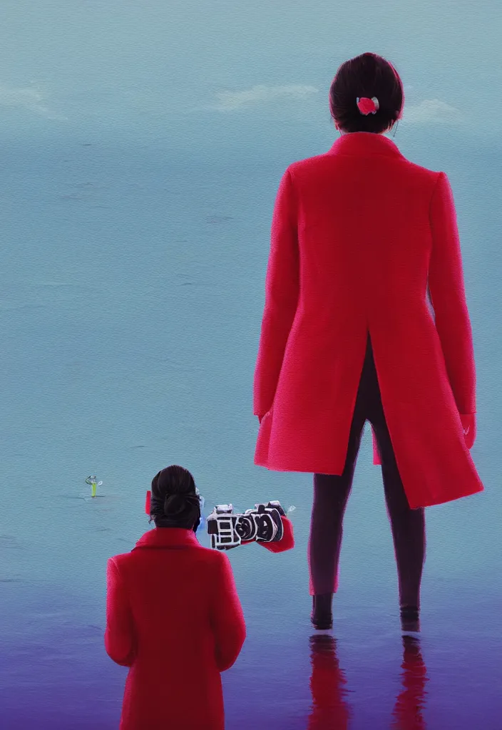 Prompt: wide shot rear view holding dslr camera photographer woman hair in a bun kanzashi long red pattern coat backpack sneakers looking out over a placid lake, a character design painting, in the style of wes anderson, lola dupre, david hockney, isolated on negative white space background dark monochrome neon fluorescent spraypaint accents volumetric octane render, no double