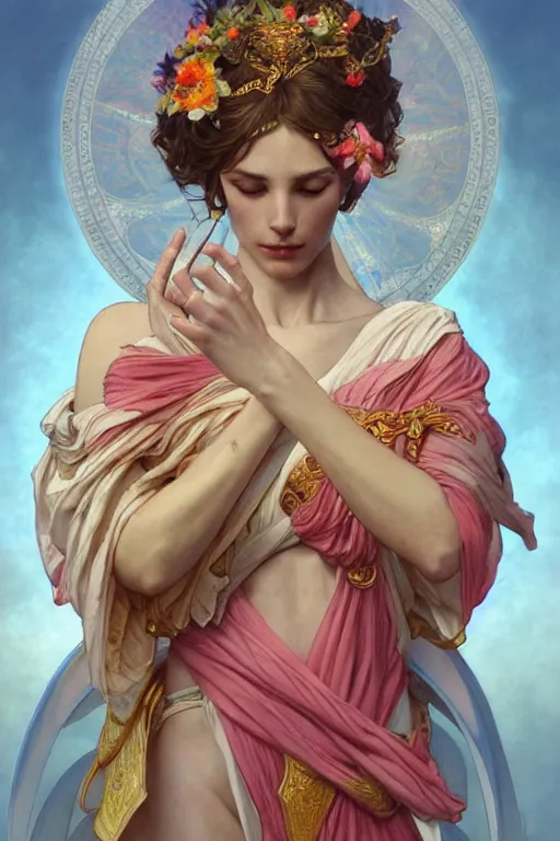 Image similar to goddess of love and peace, accurate anatomy, only two hands, highly detailed, digital painting, artstation, concept art, smooth, sharp focus, illustration, Unreal Engine 5, 8K, art by artgerm and greg rutkowski and alphonse mucha