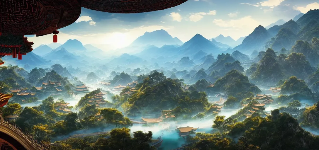 Image similar to epic view of beautiful ancient chinese city, clear blue skies, winding rivers, there are mountains and hills in the far background distance, unreal engine, dramatic lighting, detailed, ambient occlusion, global illumination, god rays, 3 d artstation render by greg rutowski and jessica rossier