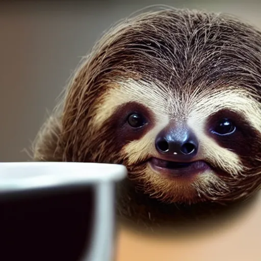 Prompt: An adorable baby sloth in a beanie working at his job as a computer programmer, drinking a cup of coffee, 4k photograph