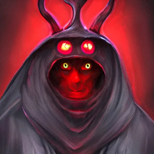 Prompt: dark lord looking into the camera, red glowing eyes, wearing black robe, happy, wearing mushroom hat, colorful, artstation