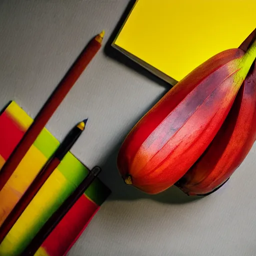 Image similar to photographic, hyperrealistic image, of a red banana, on top of a yellow book, on top of a dining table, detailed, HD, cinematic