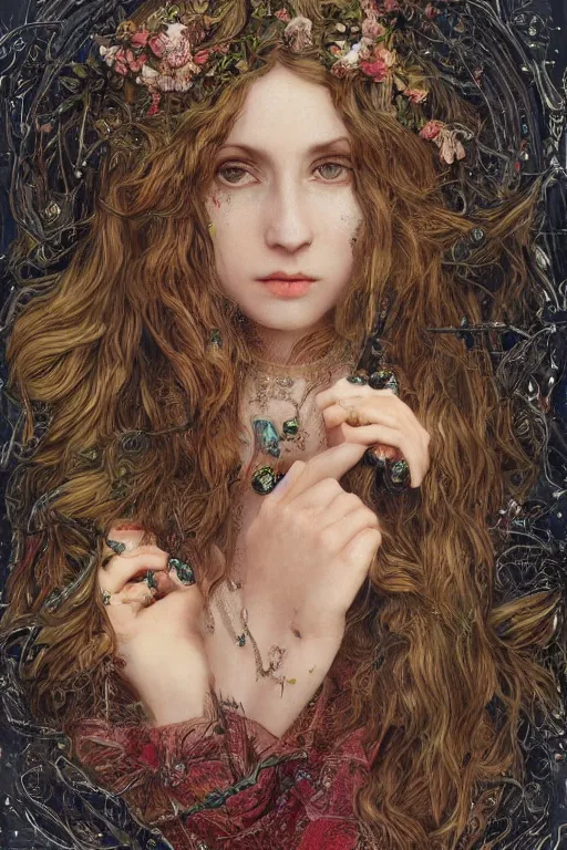 Image similar to An extremely beautiful pre-raphaelite ornate portrait of a very beautiful witch, surreal, ultradetailed, intricate, elegant, digital art painting, concept art, smooth, sharp focus, magazine art cover illustration, regal, award winning picture, extremely detailed masterpiece, sense of awe, featured on Artstation, Artgerm, winning award piece, ethereal bubbles, Aetherpunk, low-key neon lightning, stormy weather, Exquisite floral details, 8K detail post-processing, matte, oil painting