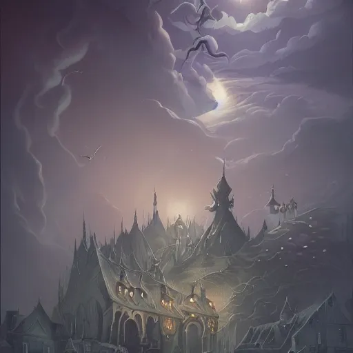 Image similar to Detailed Exterior Shot of Stormy Nightmare Evil Stormy!!! Rundetårn, light of hell, moonlight shafts, flock of birds, moody grim atmosphere, in Style of Peter Mohrbacher, cinematic lighting