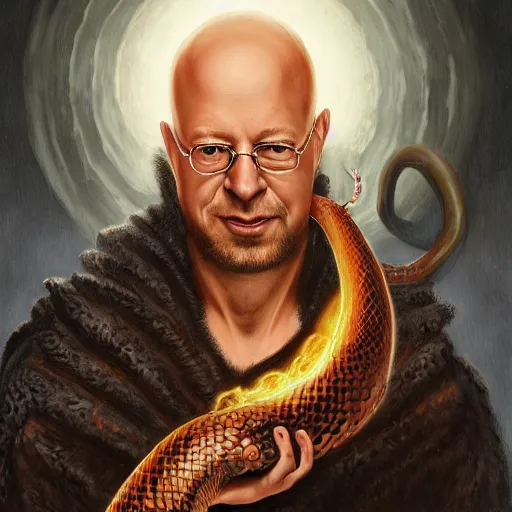 Image similar to a detailed fantasy character painting of Klaus Schwab holding a black glowing snake, devil horns, dressed like Jesus Christ, by lauri blank, artgerm, evelyn de morgan, 8K, 50mm lens