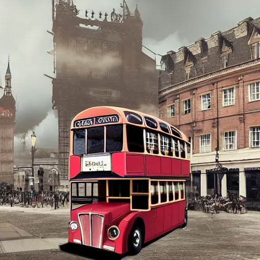 Image similar to A steampunk double decker bus with a giant billowing column ontop, steam powered, streetview of old London, by Enki Bilal, digital art, unreal engine, gothic style, - W 832