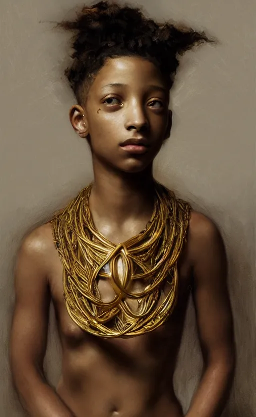 Prompt: portrait willow smith, golden torc, barechest, intricate, elegant, highly detailed, artstation, concept art, sharp focus, ruan jia, jurgens, orientalism, bouguereau