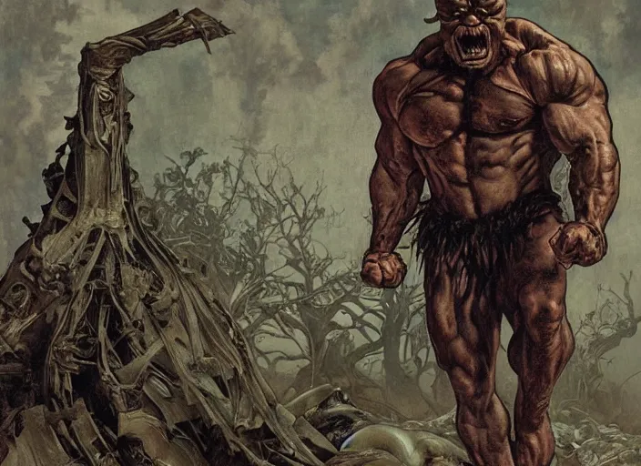 Prompt: renaissance grotesque full body portrait painting of angry bodybuilder swamp thing walking to the camera, camera puller back far, in a plane crash wasteland, landfill, elegant artwork by lee bermejo and greg rutkowski and alphonse mucha