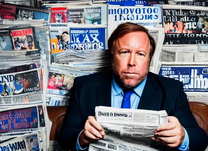 Image similar to dslr photo still of infowars host alex jones in a blue suit sitting depressed in a room filled to the ceiling with newspapers, 5 2 mm f 5. 6