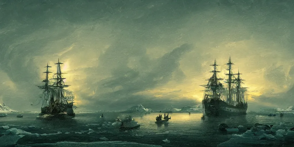 Prompt: digital painting of a 18th century ship stuck in ice on a cold sea at night. Sharp focus. Northern lights. Cinematic composition. Highly detailed. Low light, high contrast. Baroque.