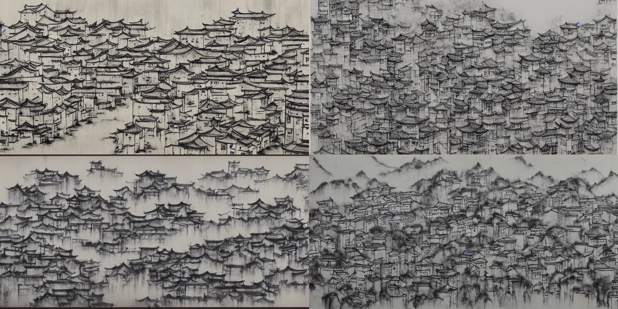 Prompt: Dense cityscape, traditional Chinese landscape painting, ink wash painting