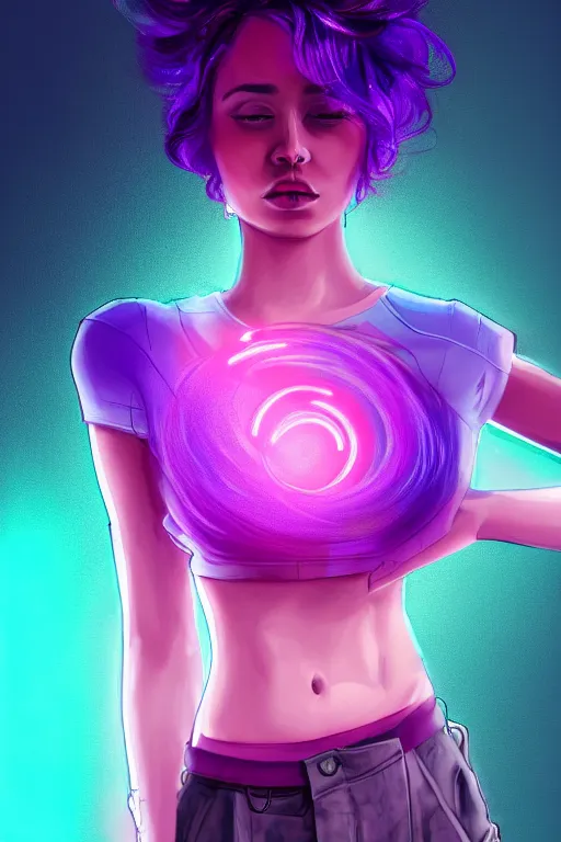 Image similar to a award winning half body portrait of a beautiful woman in a croptop and cargo pants with ombre purple pink teal hairstyle and hands in pockets by ari liloan, surrounded by whirling illuminated lines, outrun, vaporware, digital art, trending on artstation, highly detailed, fine detail, intricate