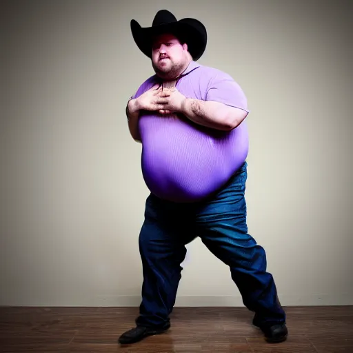 Image similar to morbidly obese 2000kilo snake oil salesman wearing authentic purple green sip tech cowboy augmentation standing in front of blank background