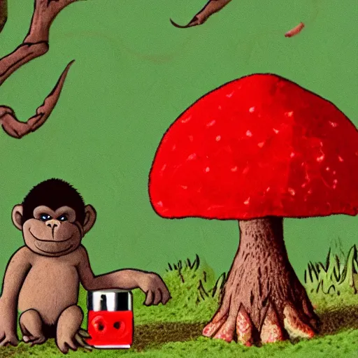 Prompt: a wholesome animation key shot of a small gorilla holding a amanita muscaria, chilled out smirk on face, listening to music from boombox