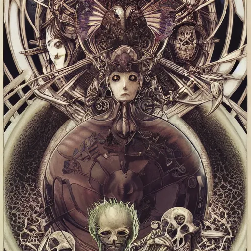 Image similar to portrait of memento mori, symmetrical, by yoichi hatakenaka, masamune shirow, josan gonzales and dan mumford, ayami kojima, takato yamamoto, barclay shaw, karol bak, yukito kishiro