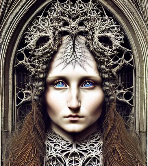 Image similar to hyperrealistic detailed face portrait of a beautiful long haired young goddess morphing into a gothic cathedral, authentic ornamental architecture, art by ernst haeckel, android jones, h. r. giger, gothic, neo - gothic, heavily ornamental,